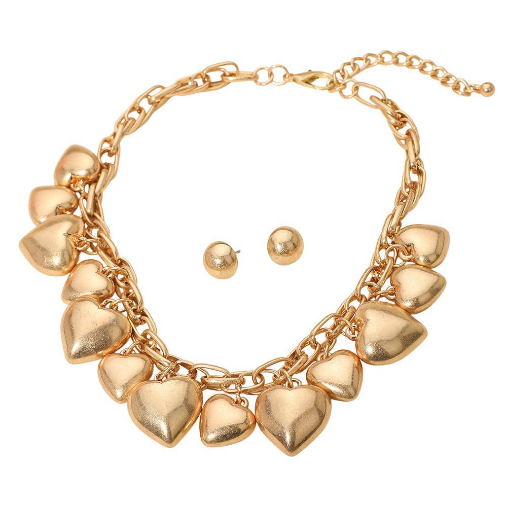 Chunky Puffy Brushed Metal Heart Charm Embellished Necklace: Gold