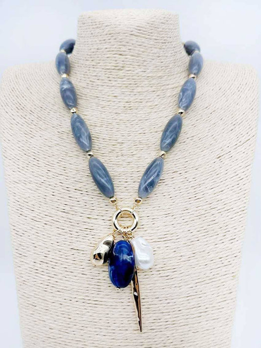 Grey Natural Stone with Pearl and Stone Charms 16"-18" Necklace