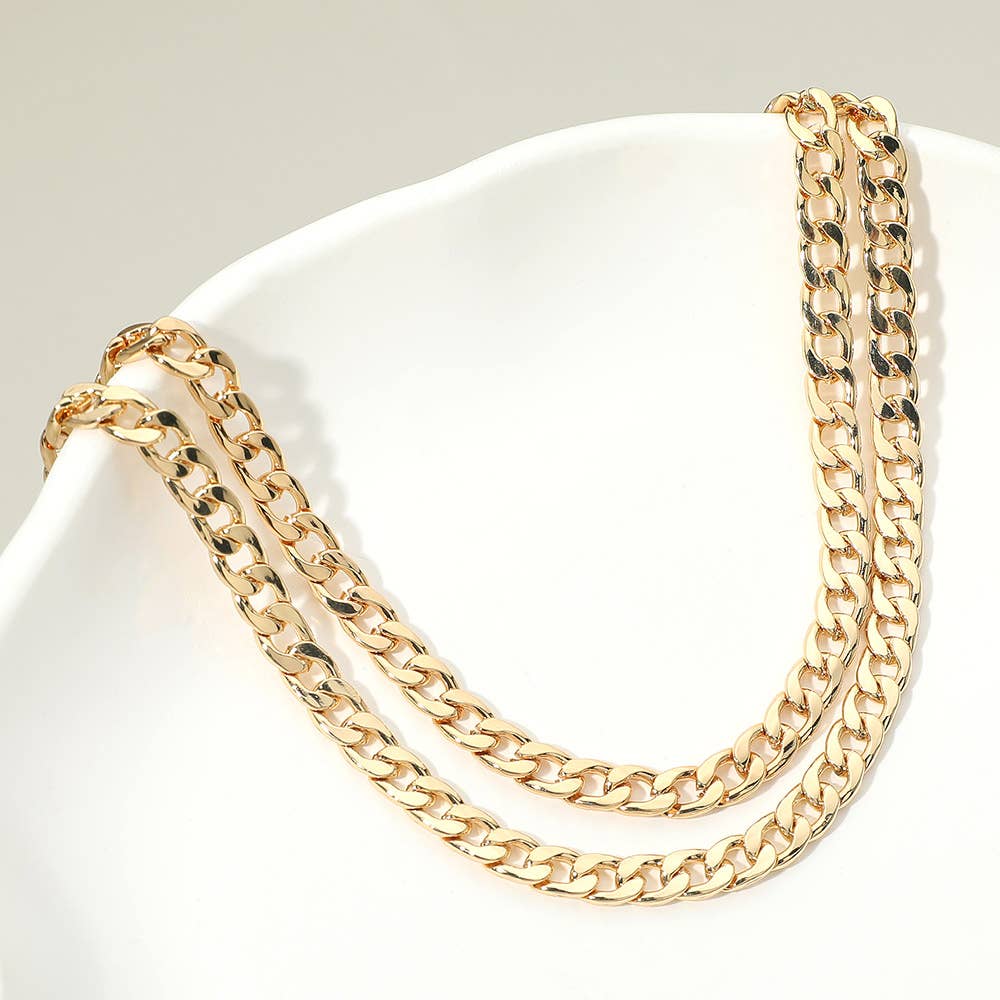 Gold Dipped Double Layer Cuban Chain Necklace: Rhodium & Gold
