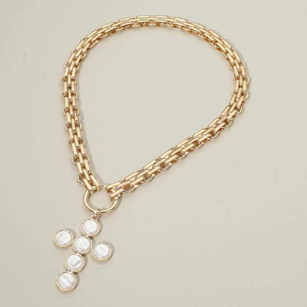 Pearl Cross Charm Pendant Chunky Chain Statement Necklace: Gold, Brown, Pearl
