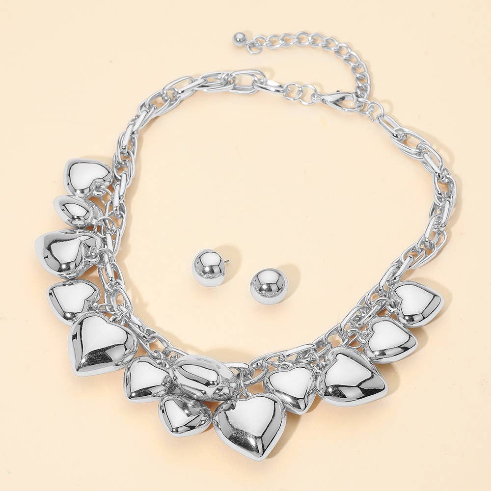 Chunky Puffy Brushed Metal Heart Charm Embellished Necklace: Rhodium