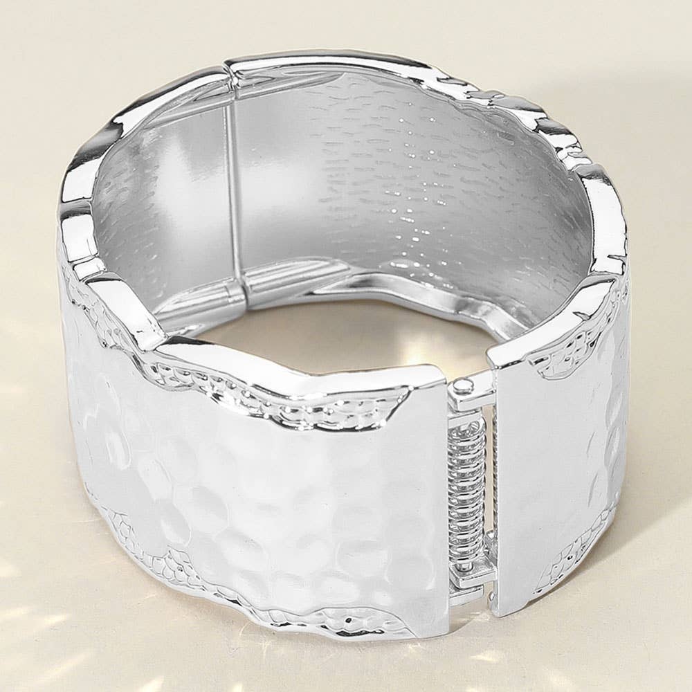 Hammered Metal Wide Hinged Bangle Bracelet: Rhodium