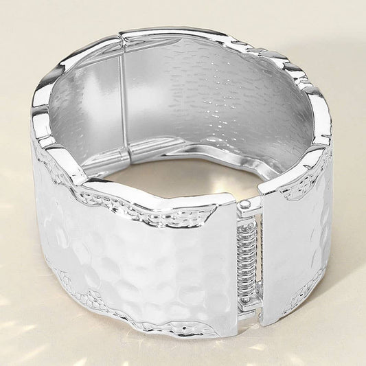 Hammered Metal Wide Hinged Bangle Bracelet: Rhodium