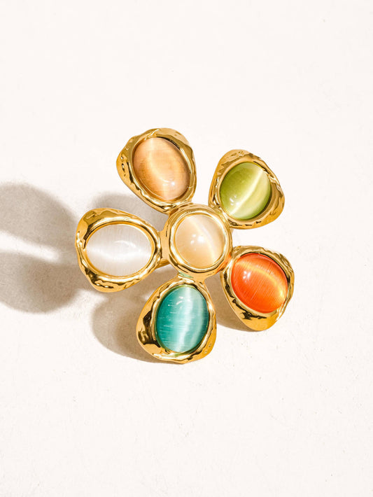 Stephane 18K Non-Tarnish Vintage Stone Floral Ring: Multi-Colored