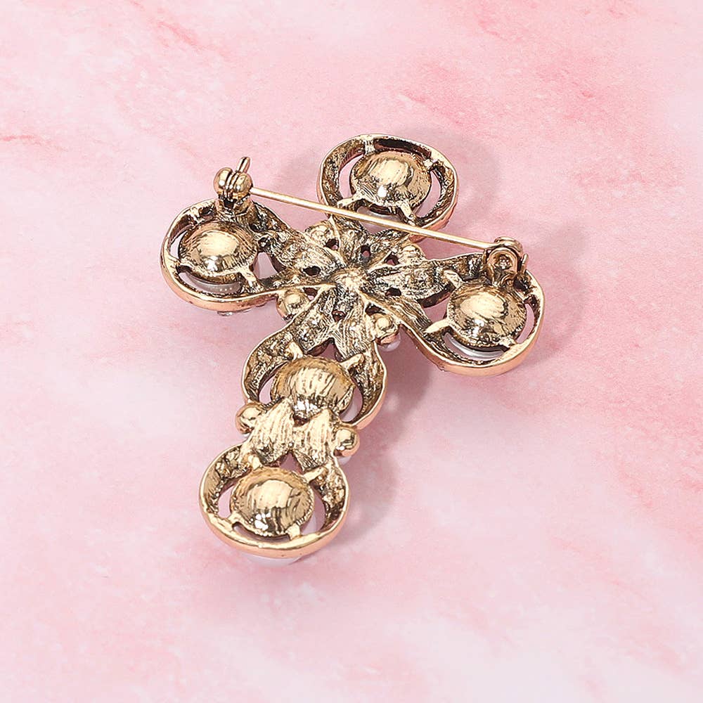 Rhinestone Paved Pearl Antique Cross Pin Brooch: Antique Silver,White