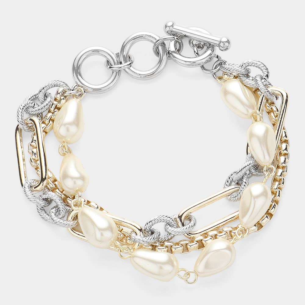 14K Gold Plated Irregular Pearl Metal Chain Toggle Bracelet