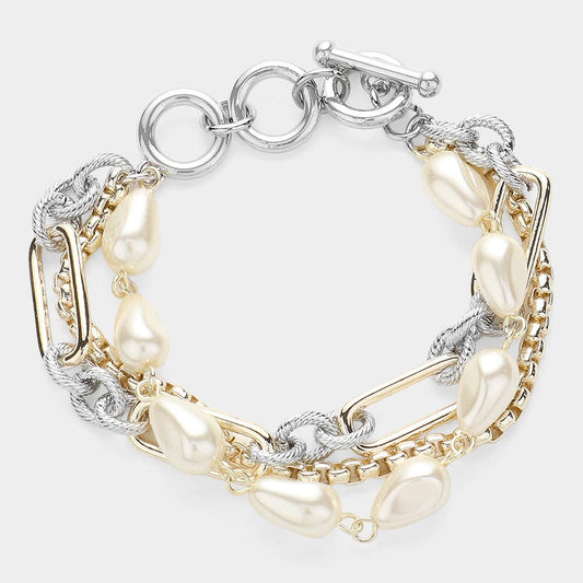 14K Gold Plated Irregular Pearl Metal Chain Toggle Bracelet