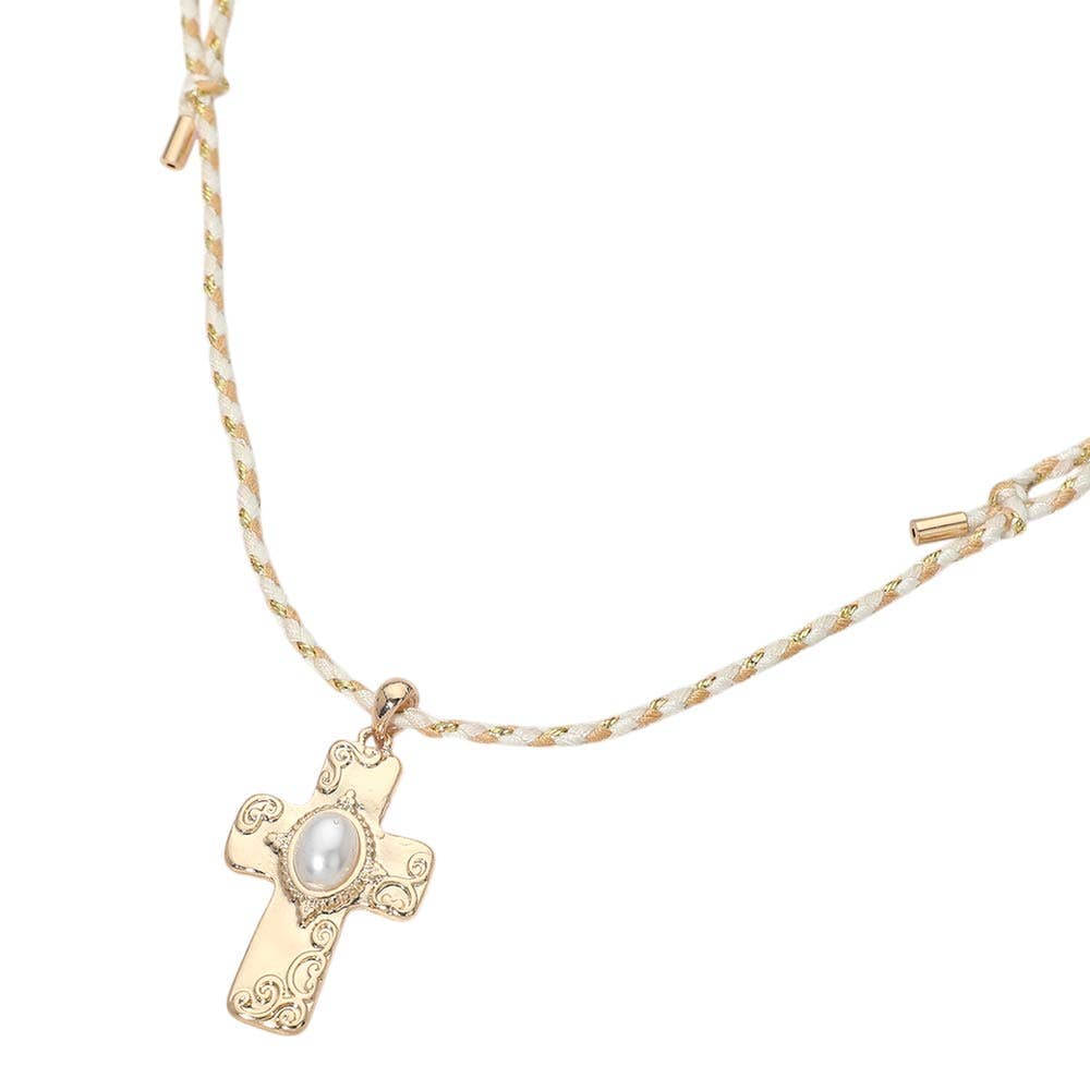 Oval Pearl Accent Cross Pendant Twisted Thread Adjustable Necklace