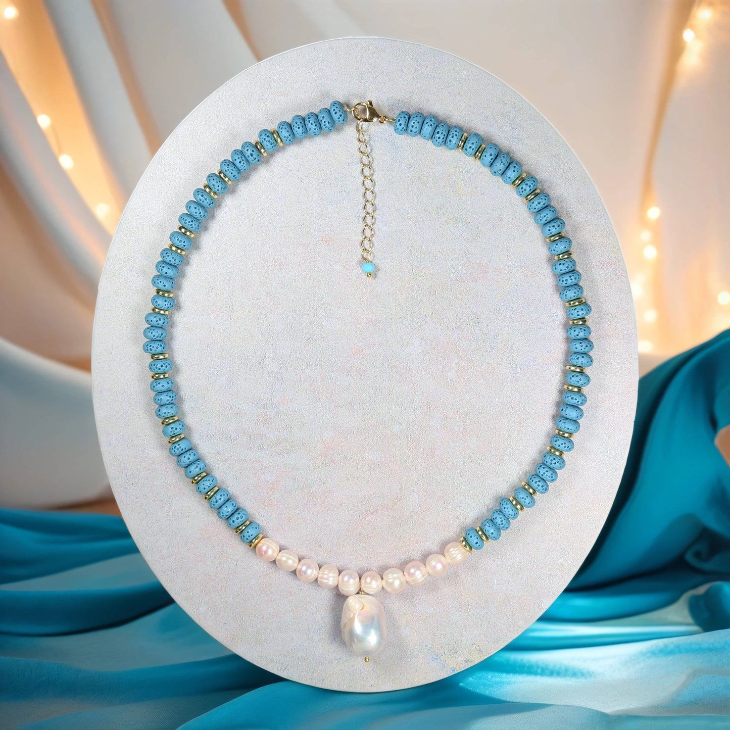 Blue Lava Stone and Freshwater Pearl Necklace