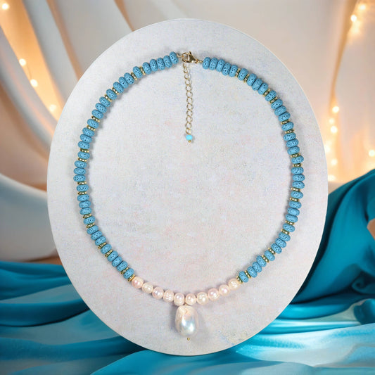 Blue Lava Stone and Freshwater Pearl Necklace