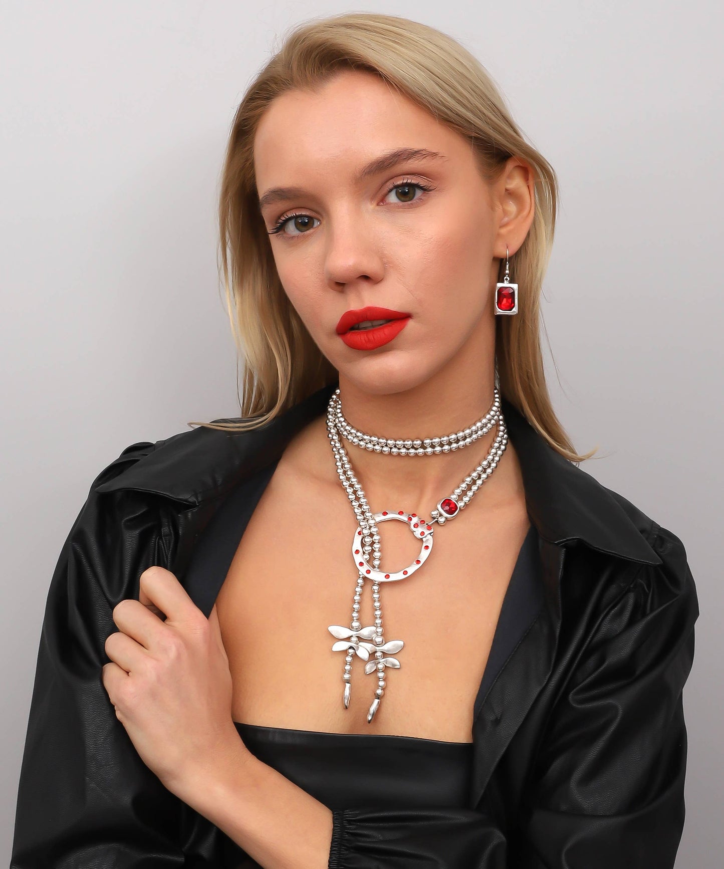 Dragonfly Handmade Necklace & Earrings Set with Red Crystal-Hypoallergenic ► Lead, Nickel, Cadmium free.
