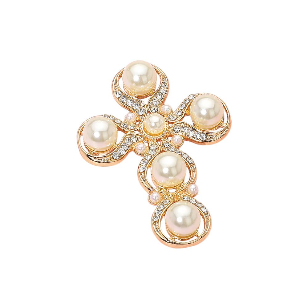 Rhinestone Paved Pearl Antique Cross Pin Brooch: Antique Silver,White