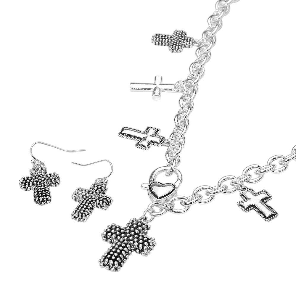Textured Chunky Metal Cross Pendant Charm Necklace