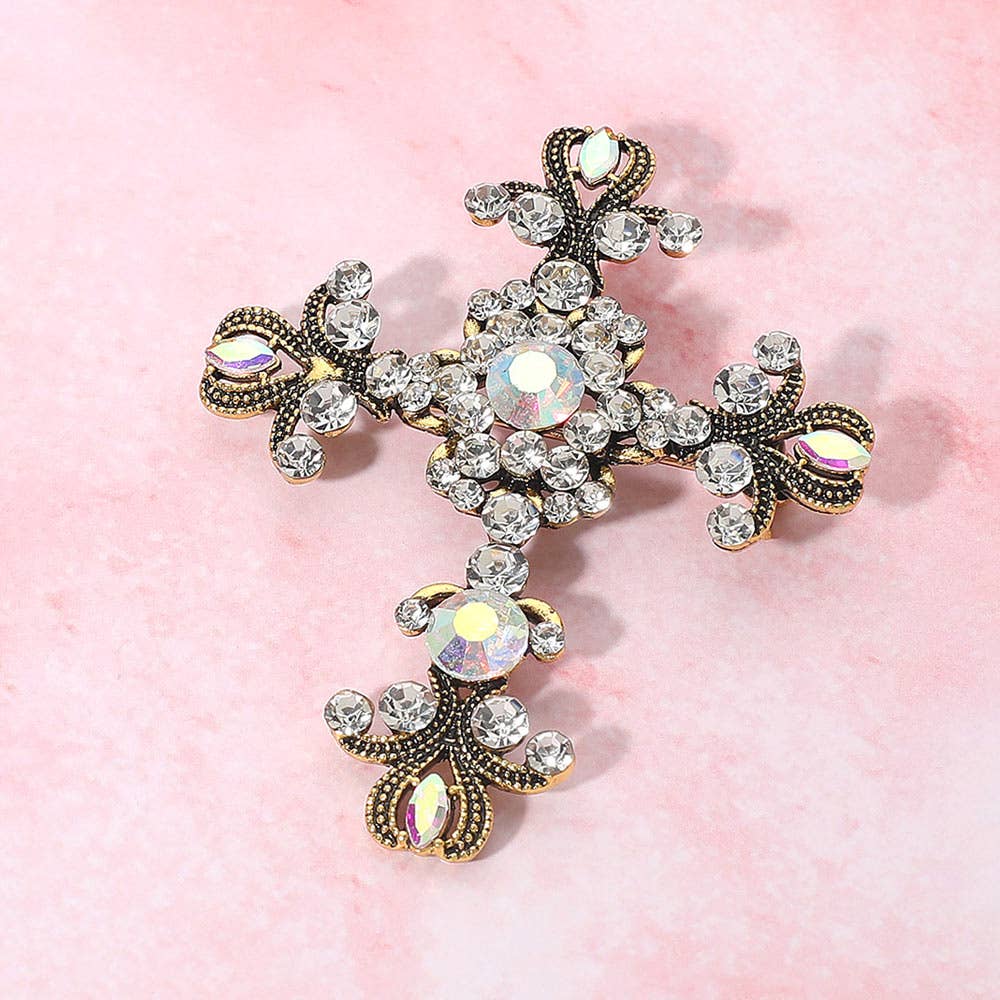 Elegant Stone Embellished Cross Pin Brooch: Clear,Gold