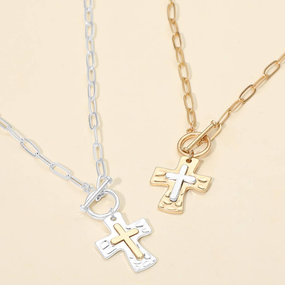 Brushed Hammered Metal Cross Pendant Paperclip Chain Toggle Necklace: Two Tone,Worn Silver