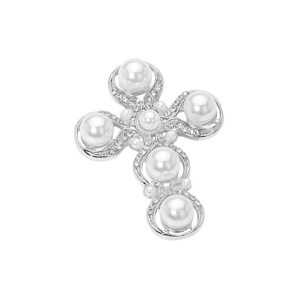 Rhinestone Paved Pearl Antique Cross Pin Brooch: Antique Silver,White