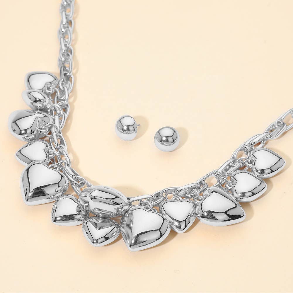Chunky Puffy Brushed Metal Heart Charm Embellished Necklace: Rhodium