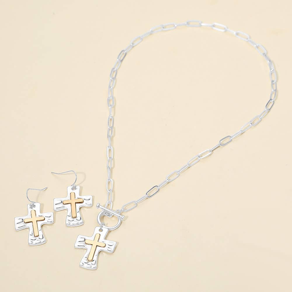 Brushed Hammered Metal Cross Pendant Paperclip Chain Toggle Necklace: Two Tone,Worn Silver