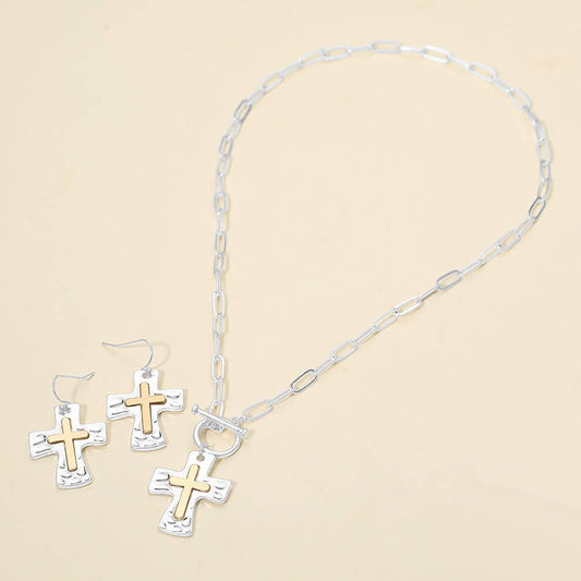 Brushed Hammered Metal Cross Pendant Paperclip Chain Toggle Necklace: Two Tone,Worn Silver
