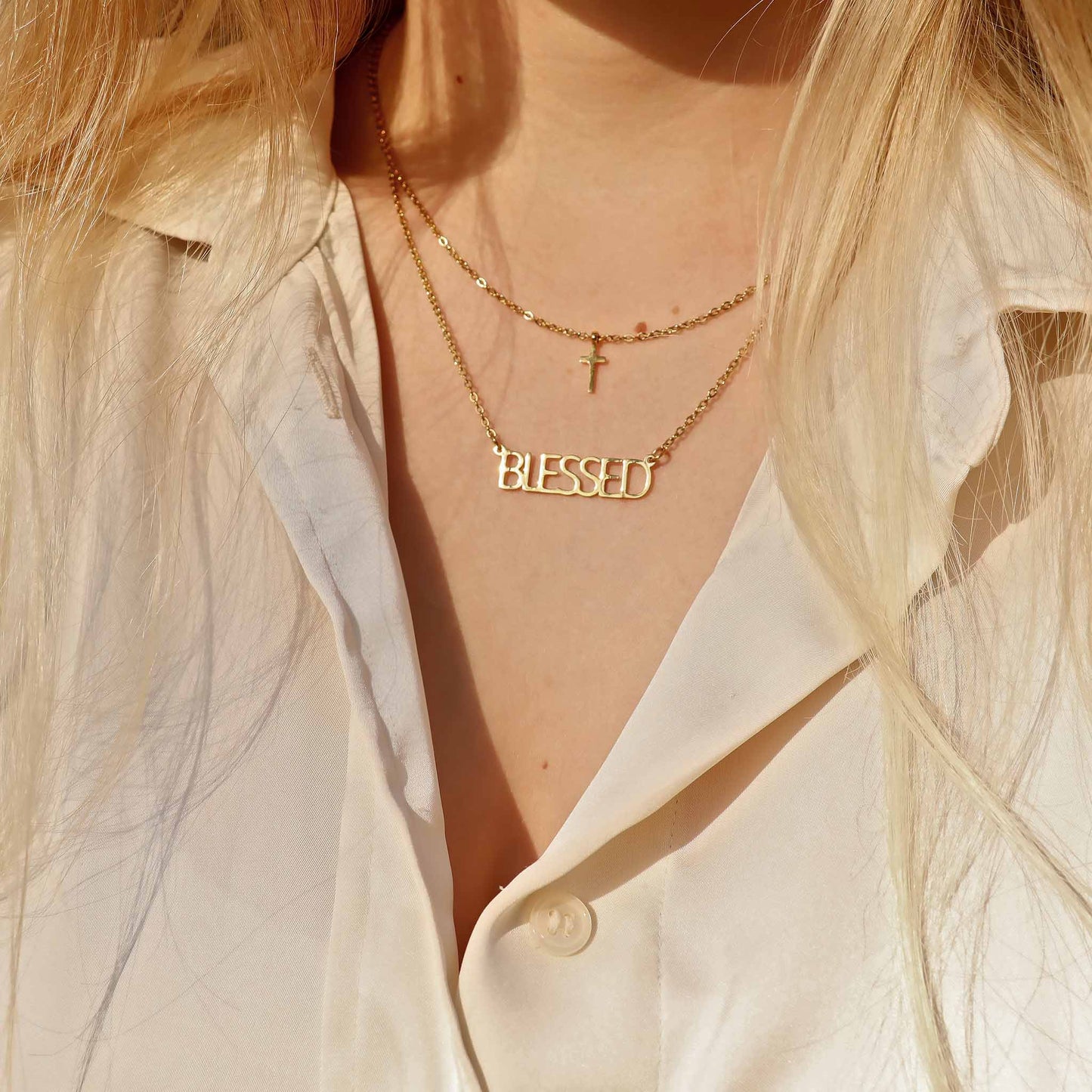 Stainless Steel "Blessed" Layered Cross Necklace: Gold