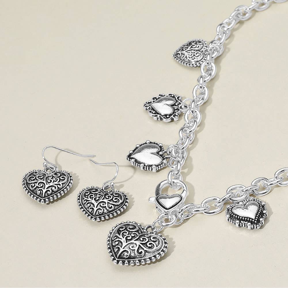Textured Metal Heart Pendant Charm Necklace