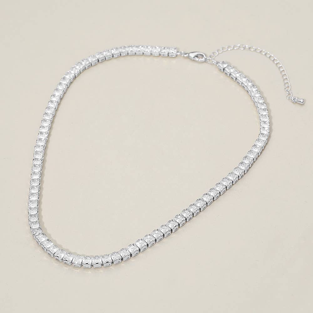 18K Gold Dipped Square Tennis Chain Necklace: Clear,Silver