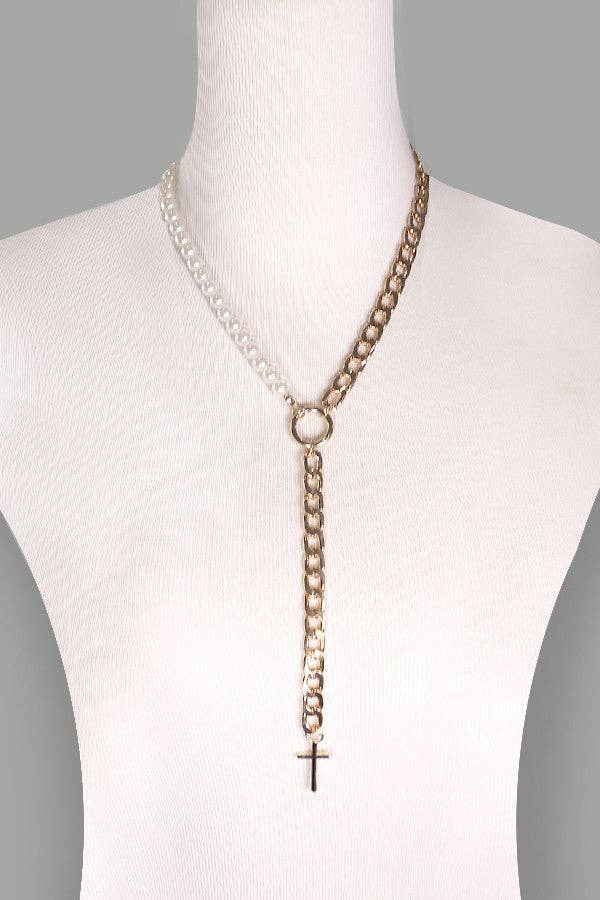 Y CROSS DROP HALF PEARL GOLD NECKLACE | 31N24010: GOLD
