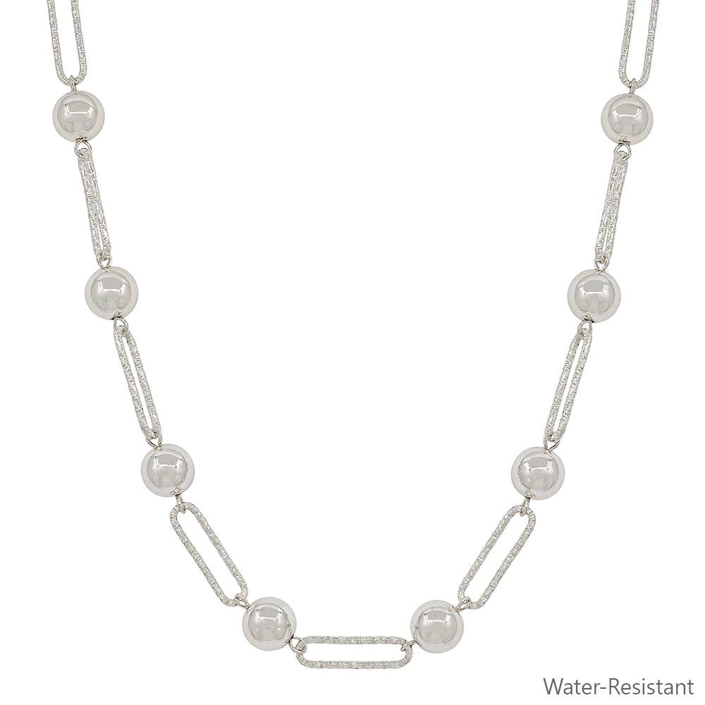 Water Resistant Silver Open Oval and Silver Beaded 16"-18" Necklace