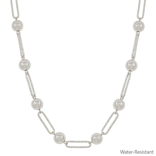 Water Resistant Silver Open Oval and Silver Beaded 16"-18" Necklace