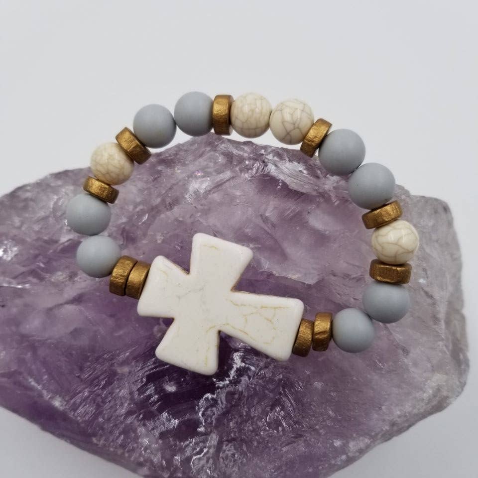 Turquoise Chunky Cross Stretch Bracelet: Gray, White, Black