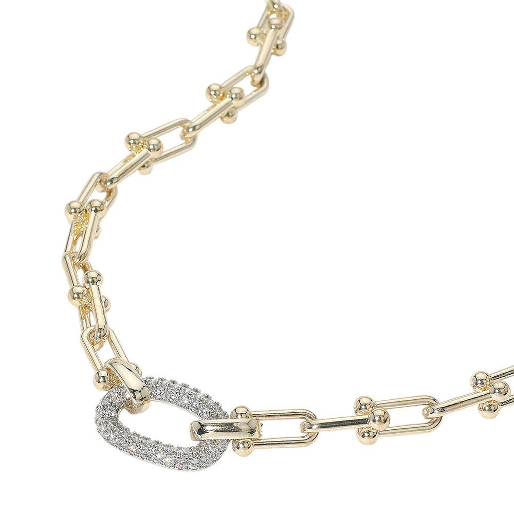 14K Gold Plated CZ Stone Paved Oval Accent Chunky Industrial Chain Necklace