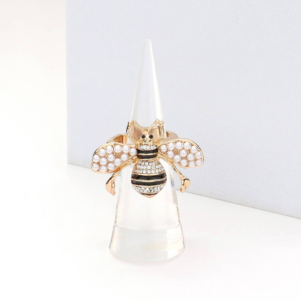 Rhinestone Embellished Honey Bee Stretch Ring: Cream