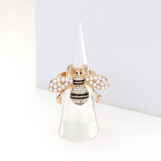 Rhinestone/ Pearl  Embellished Honey Bee Stretch Ring: Pearl Wings