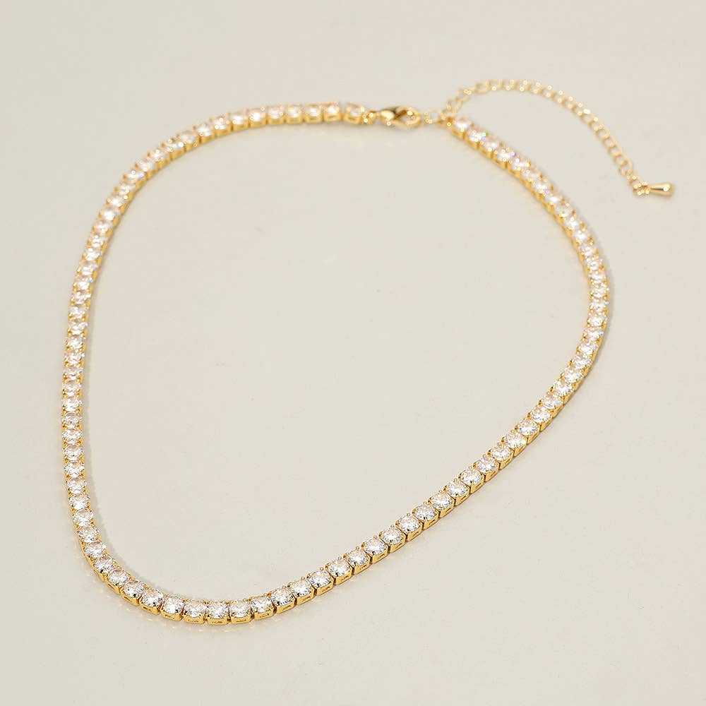 18K Gold Dipped Classic Tennis Chain Necklace: Clear,Gold