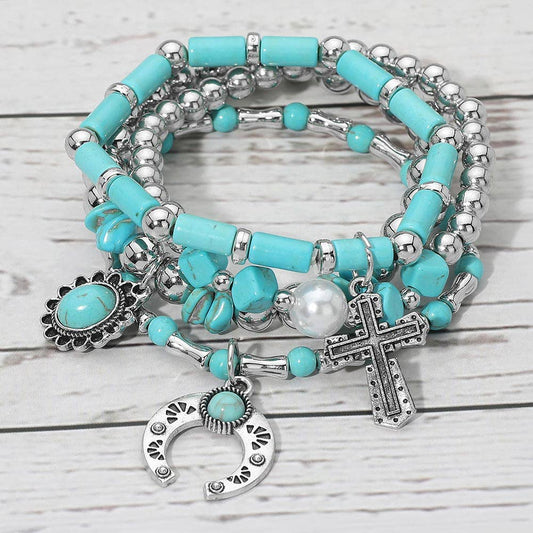 4PCS - Western Boho Cross Turquoise Stone Horseshoe Charm Pearl Beaded Stretch Multi Layered Bracelets