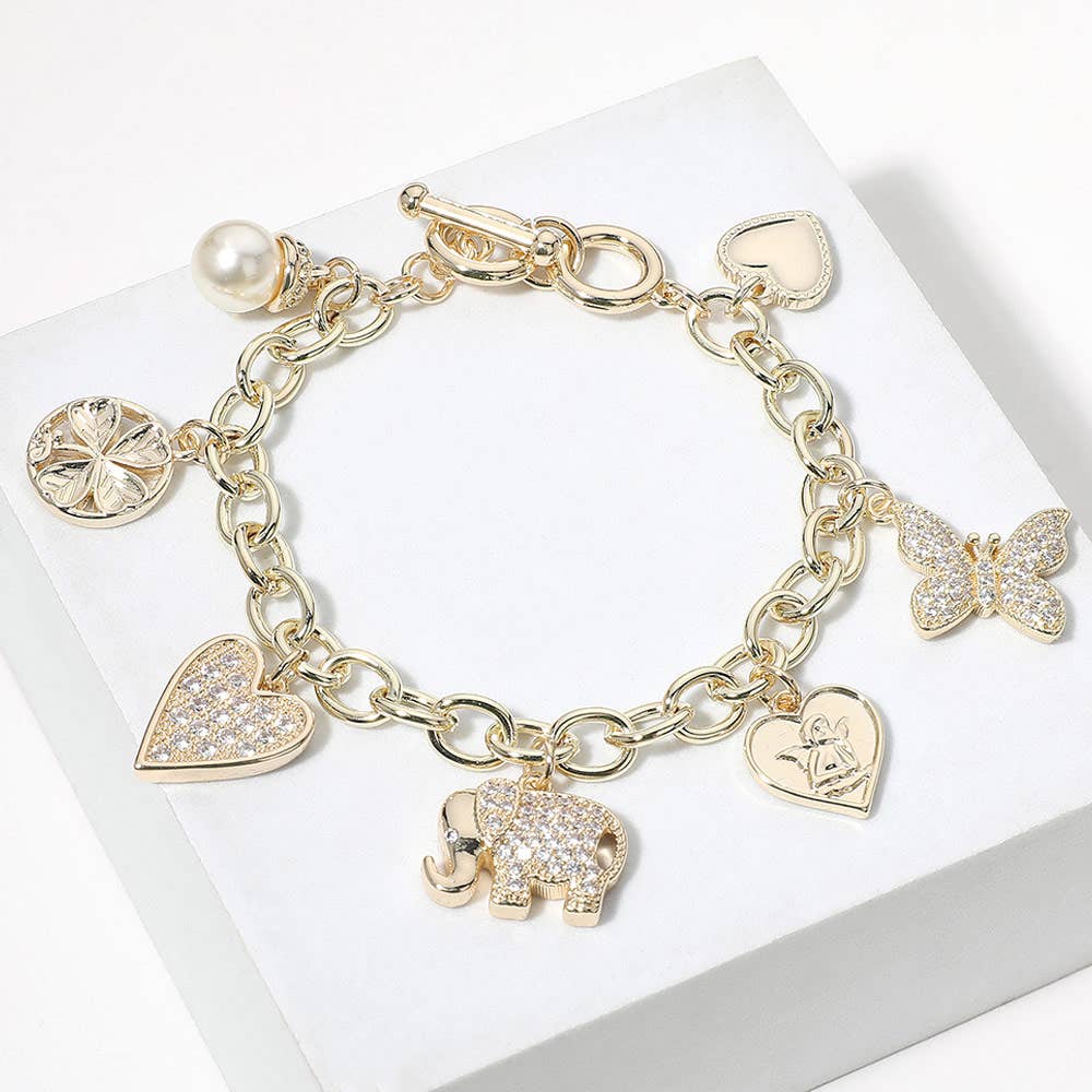14K Gold Plated CZ Stone Paved Elephant Heart Bracelet