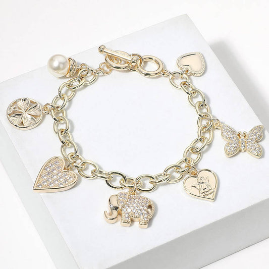14K Gold Plated CZ Stone Paved Elephant Heart Bracelet