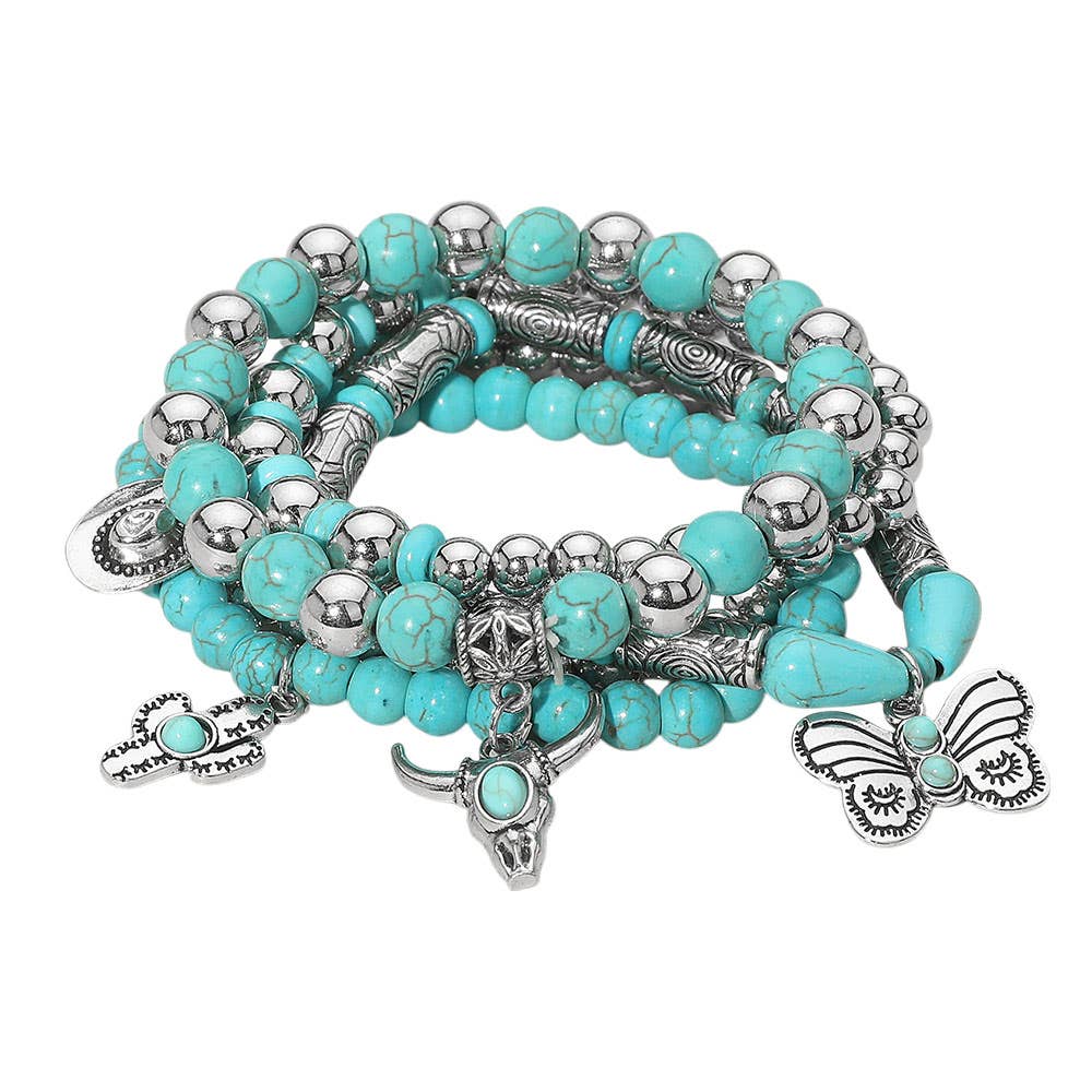 Boho Western Steer Head Cowboy Hat Butterfly Totem Charm Beaded Stretch Multi Layered Bracelet