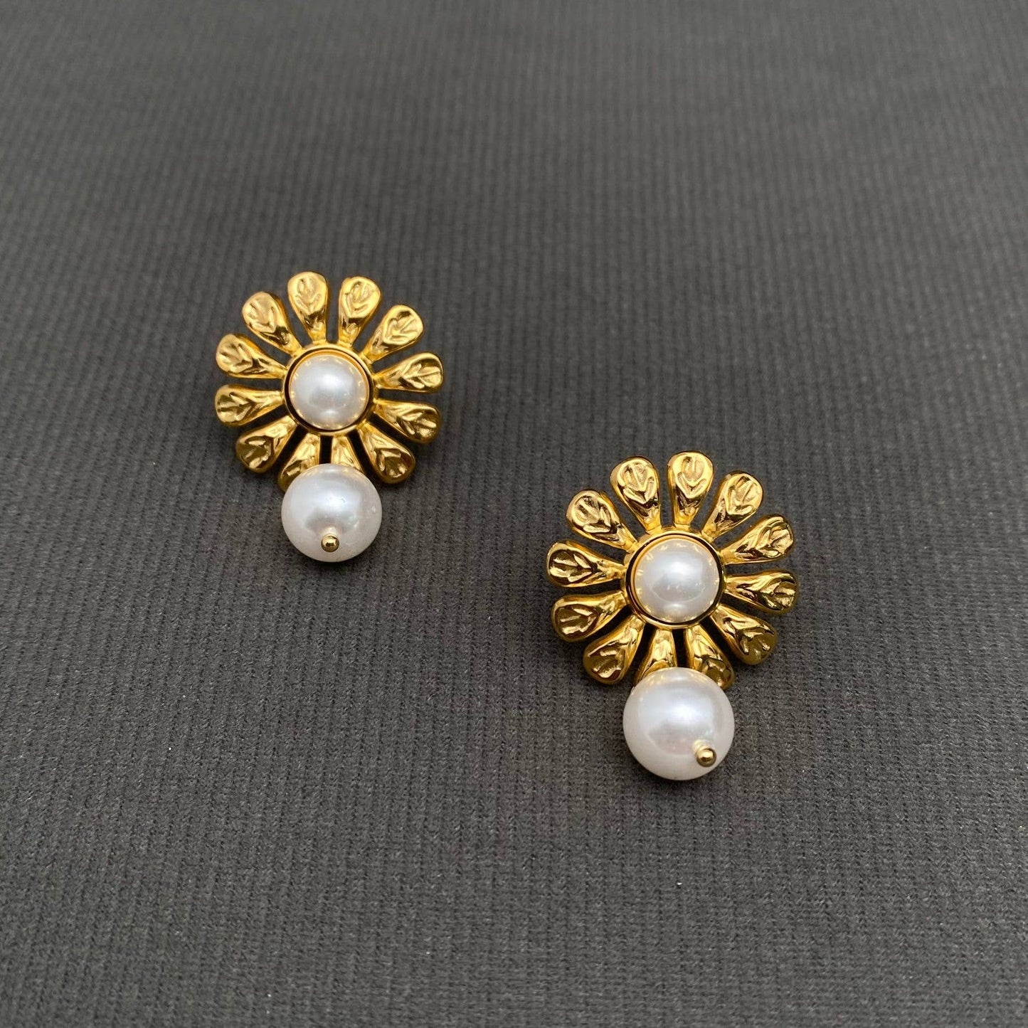 Pearl Inlaid Flower 18K Gold Plated S.Steel Earrings - FGS