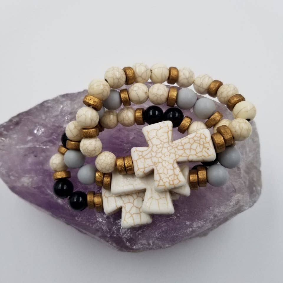 Turquoise Chunky Cross Stretch Bracelet: Gray, White, Black