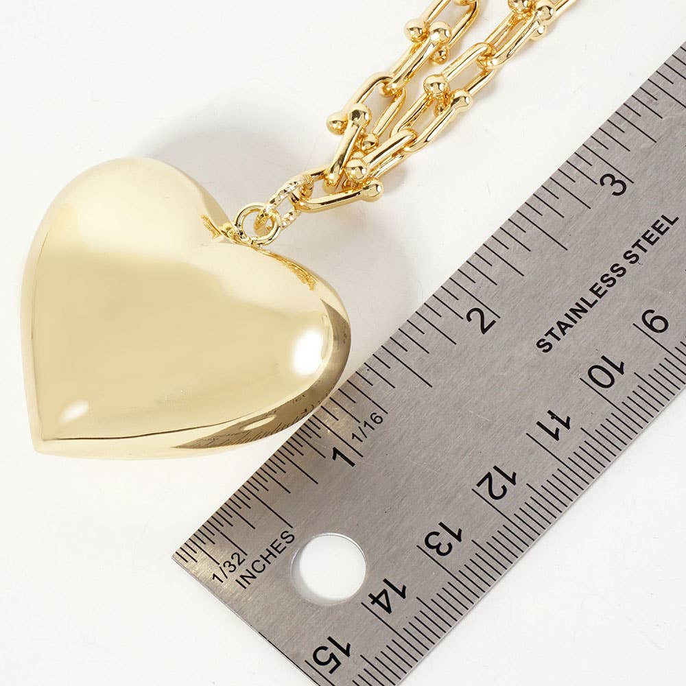 Gold Dipped Bold Puffy Heart Pendant Industrial Chain Necklace: Gold