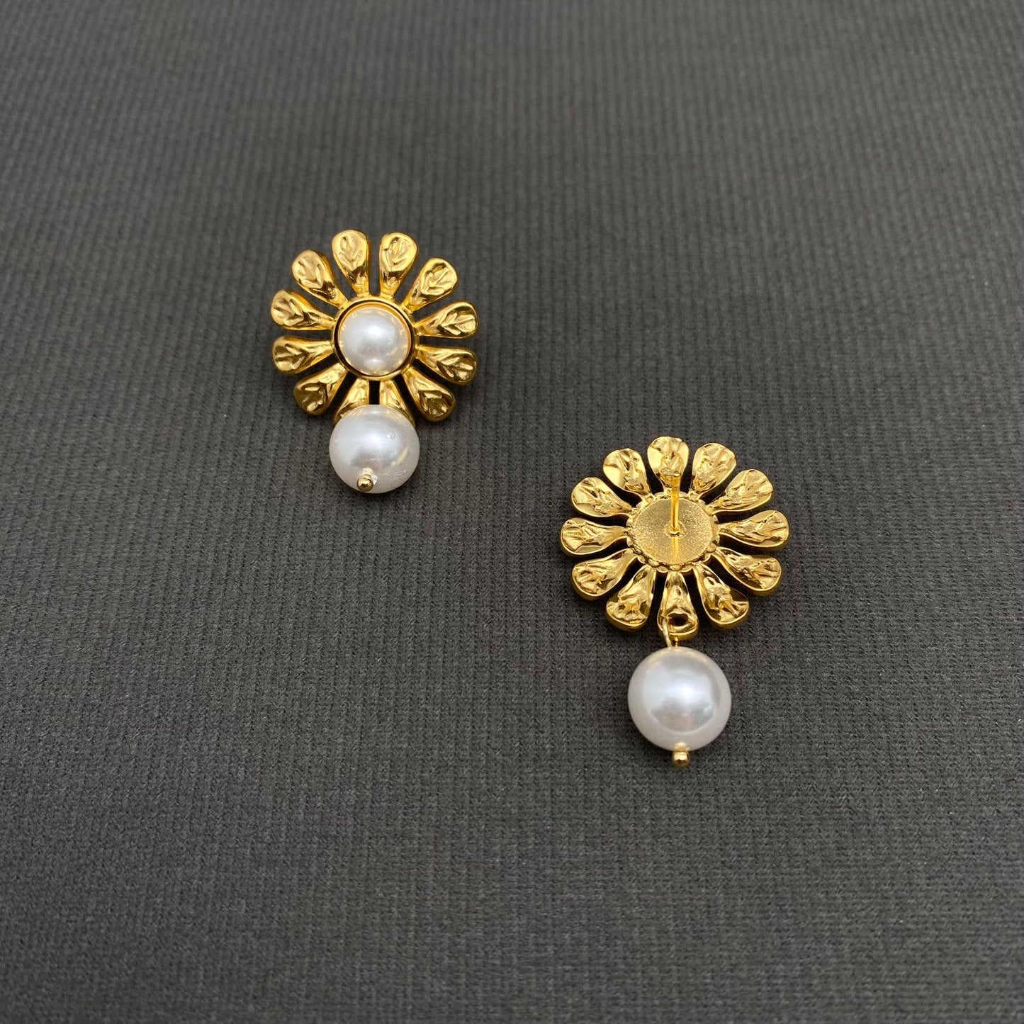 Pearl Inlaid Flower 18K Gold Plated S.Steel Earrings - FGS