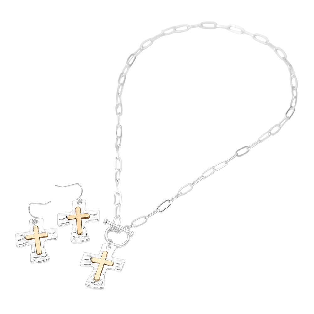 Brushed Hammered Metal Cross Pendant Paperclip Chain Toggle Necklace: Two Tone,Worn Silver