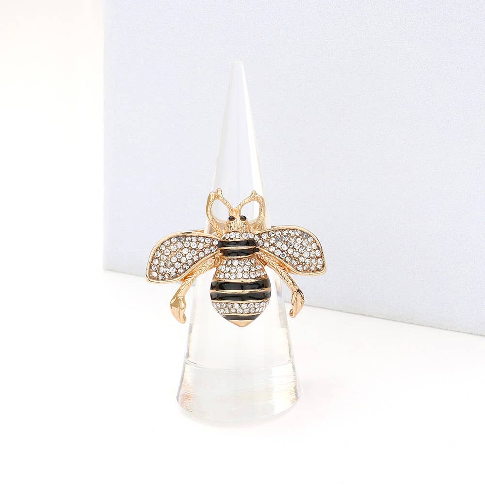 Rhinestone Embellished Honey Bee Stretch Ring: Gold