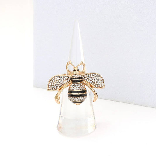 Rhinestone Embellished Honey Bee Stretch Ring: Rhinestone Gold