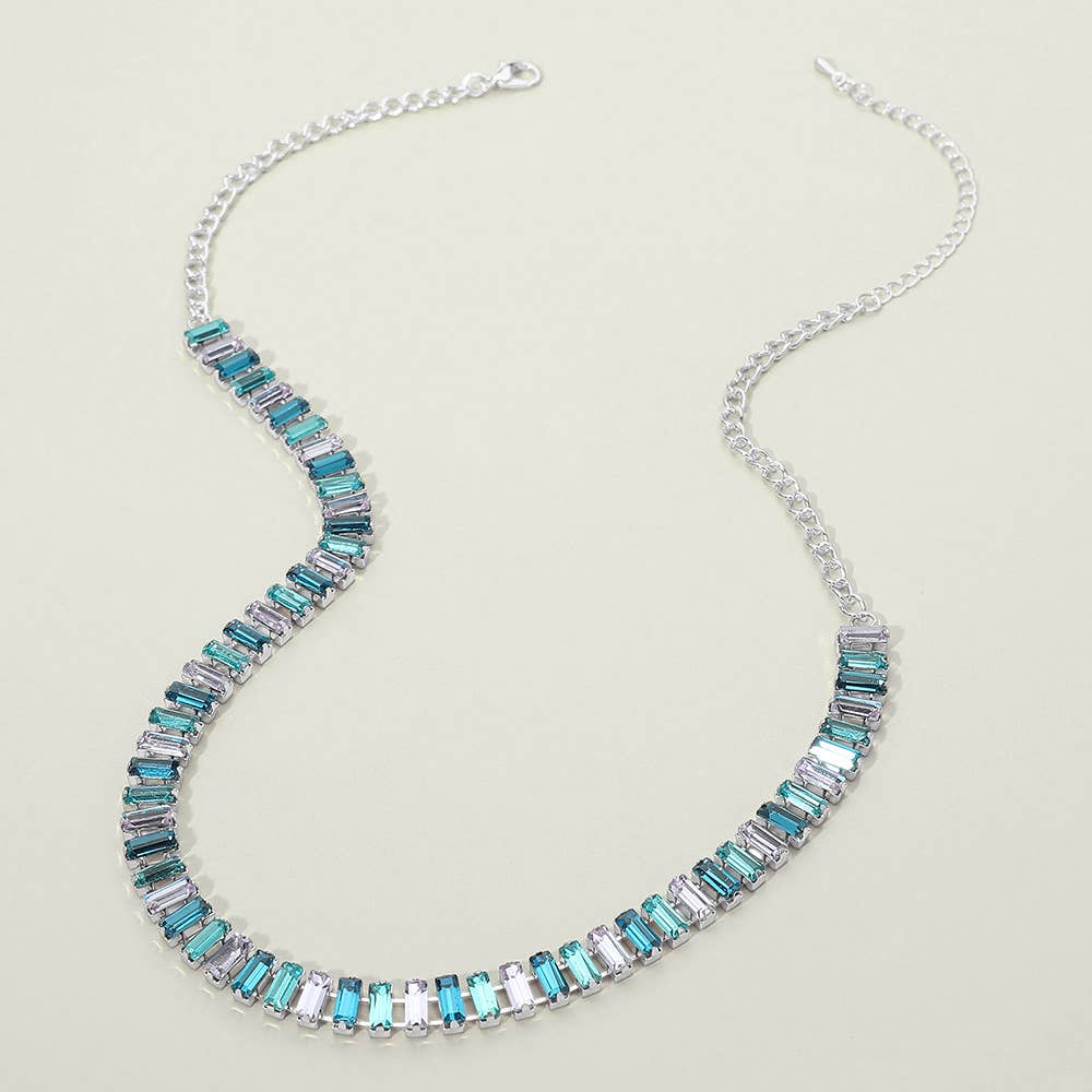 Baguette Stone Cluster Link Accent Necklace: Gold,Multi Or Blue