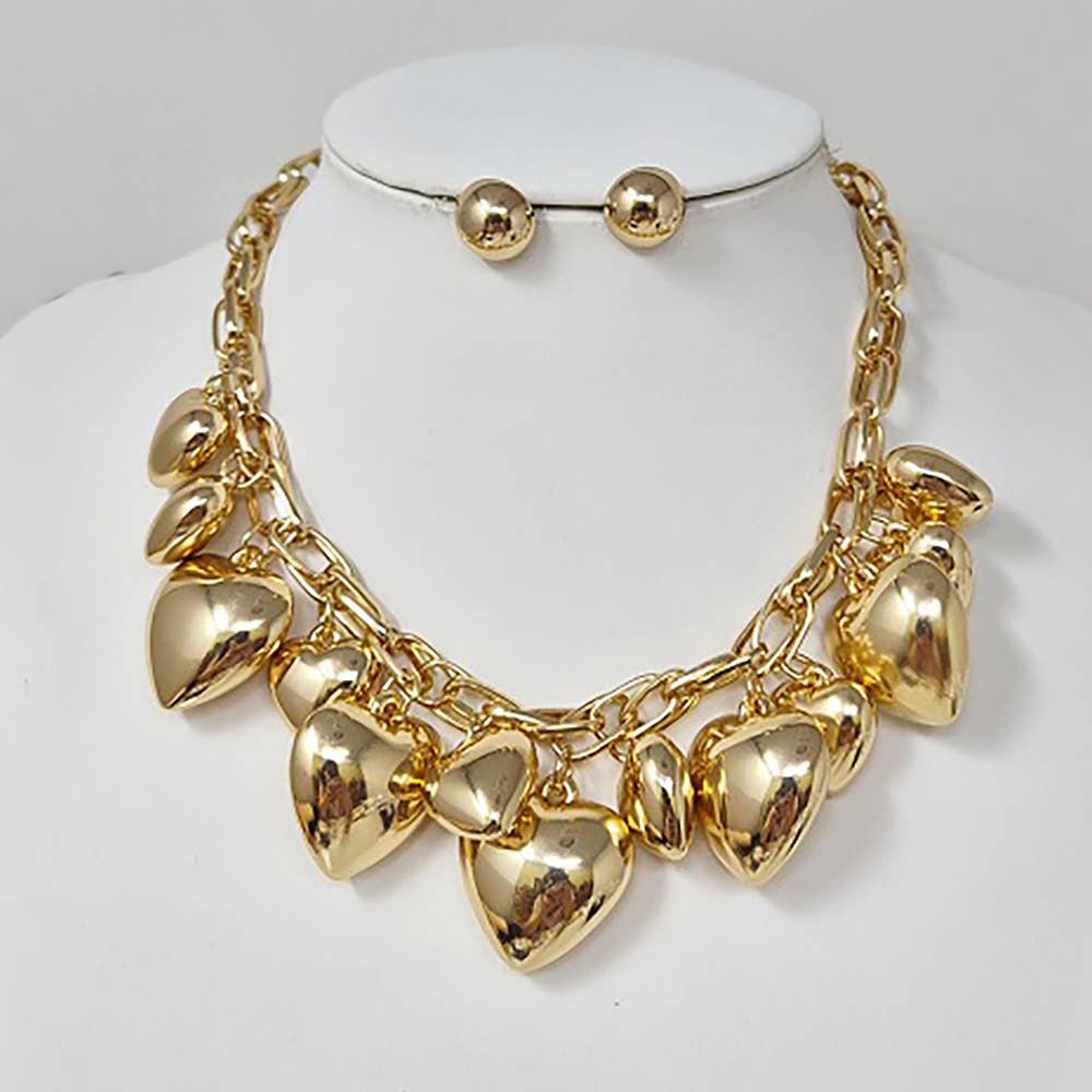 Chunky Puffy Brushed Metal Heart Charm Embellished Necklace: Gold