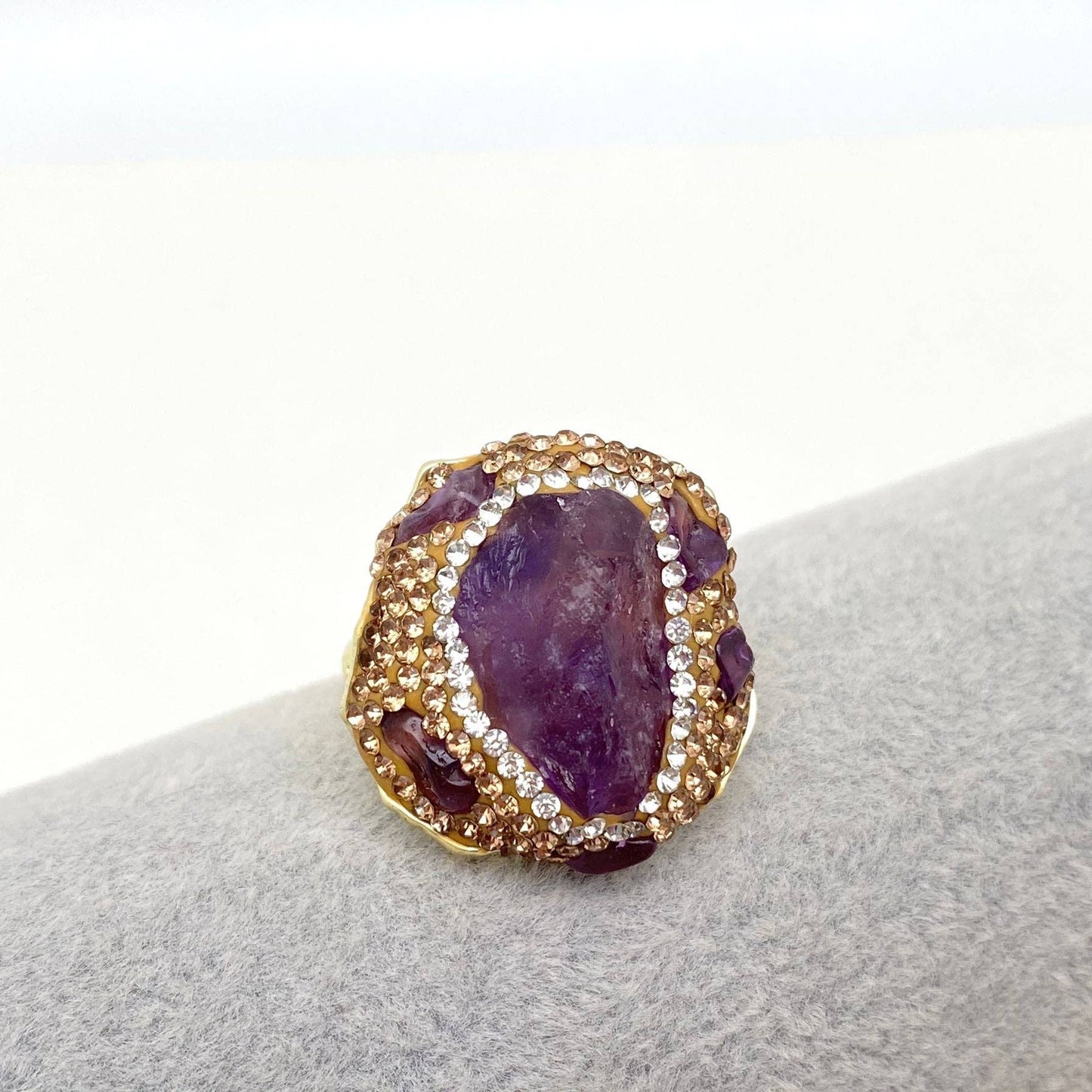 Irregular Crystal Adjustable Ring Inlaid with Rhinestones-CS: Citrine