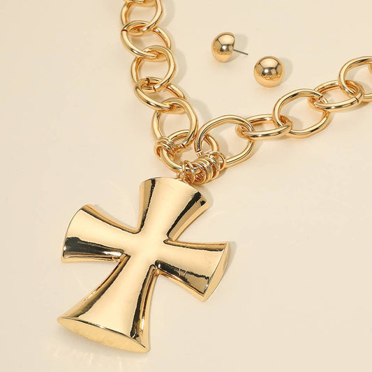 Chunky Matte Metal Cross Pendant Pointed Chain Necklace: Gold