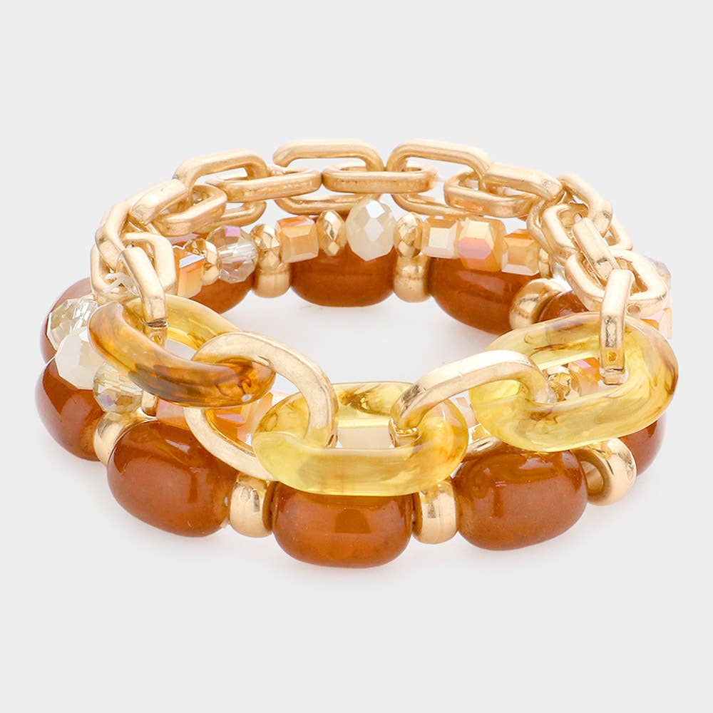 3PCS - Natural Stone Open Metal Oval Link Stretch Bracelets: Brown
